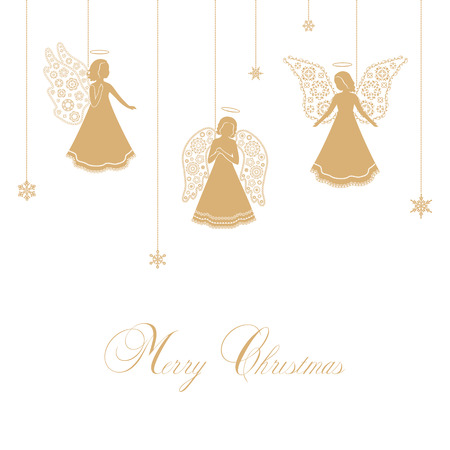 Angels with simple wings on a white background. Golden isolated angel silhouettes and snowflakes hanging on a cord. Merry Christmas text.のイラスト素材