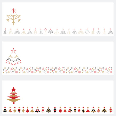 Set of Christmas trees and ornaments border on white background forming a header for any Christmas design. Abstract red, black, gold spruces.のイラスト素材