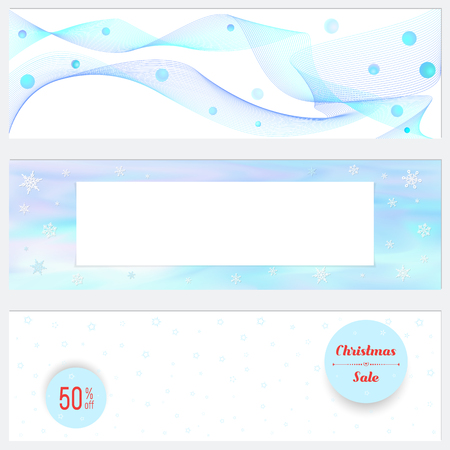 Set of headers for any Christmas design. Light blue Lines and balls. Snowflakes on a light blurred background. Small snowflakes and round labels for Christmas sale text.のイラスト素材