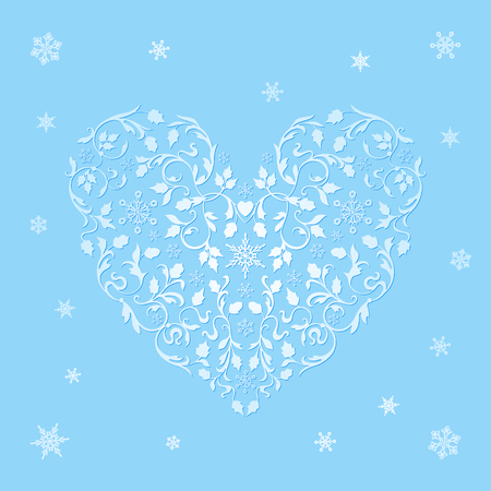 Flourish ornament heart with snowflakes. White heart on a blue background. Merry Christmas greeting cards.のイラスト素材