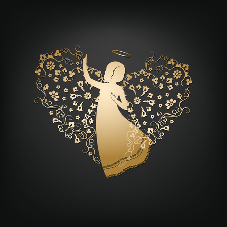 Golden angel on a dark background. Beautiful applique. Abstract design. Isolated vector objects.のイラスト素材
