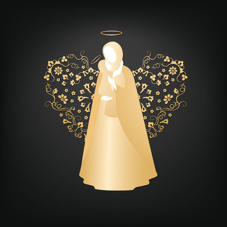 Isolated silhouettes of mother and child with angelic ornamental heart and nimbus. Beautiful golden applique on a dark background. Abstract floral design.のイラスト素材