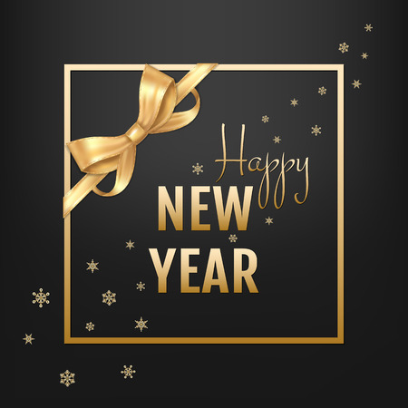 Happy New Year golden typography on black background. Greeting card design with photo-realistic bow and ribbon. Vector festive illustration with golden snowflakes.のイラスト素材