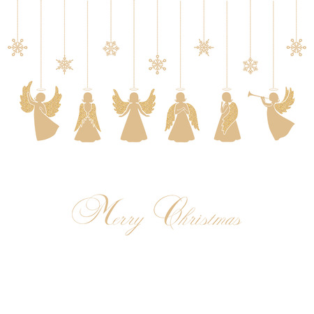 Angels with simple wings on a white background. Golden isolated angel silhouettes and snowflakes hanging on a cords. Merry Christmas text.のイラスト素材