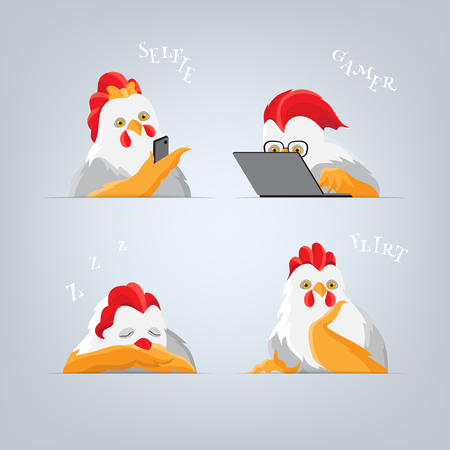 Humorous cocks students at lecture. Cartoon rooster Playing Games on a Computer, chicken making self and sleep cock. Light bird with red comb and yellow wings on a gray background.のイラスト素材