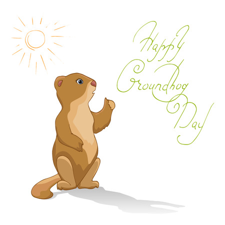 Cute Groundhog Day card as funny cartoon character of marmot. Vector hand-painted frightened marmot, sun, shade, and the inscription on a white background.のイラスト素材