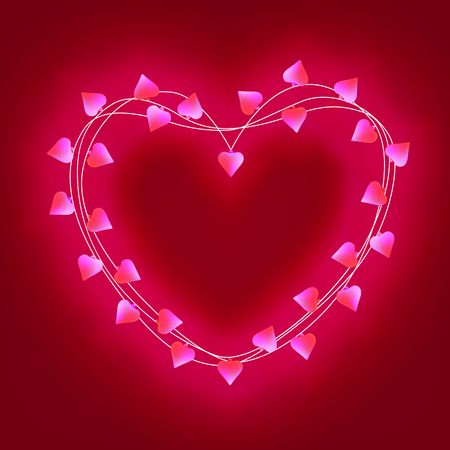 Garland of lights bright pink hearts on a dark red background.のイラスト素材