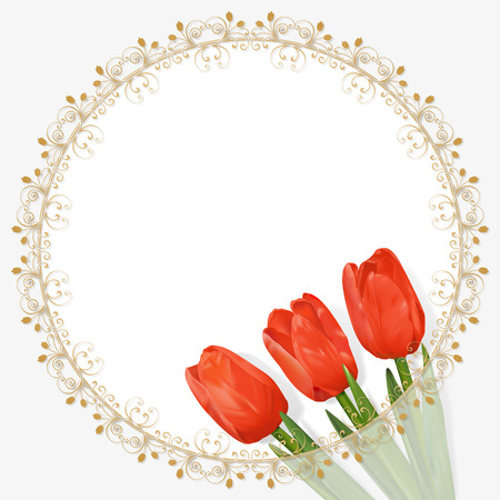 Three red tulip in the lower right corner of the card and golden floral round frame with tulips on a white background. Vector illustration with place for text. Photo realistic delicate flower.のイラスト素材