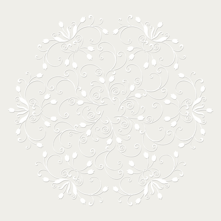 Flourish round ornament with tulips. White pattern on a beige background. Vector greeting card.のイラスト素材