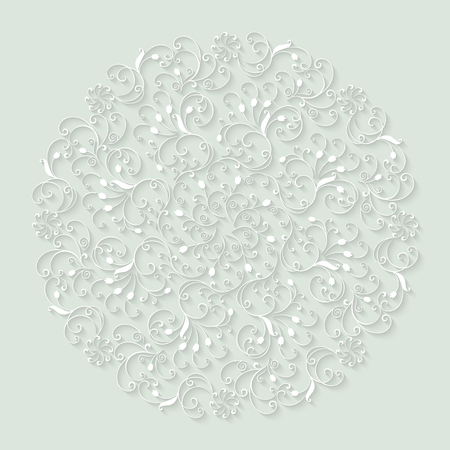 Flourish round ornament with tulips. White pattern with shadow on a beige background. Vector greeting card.のイラスト素材