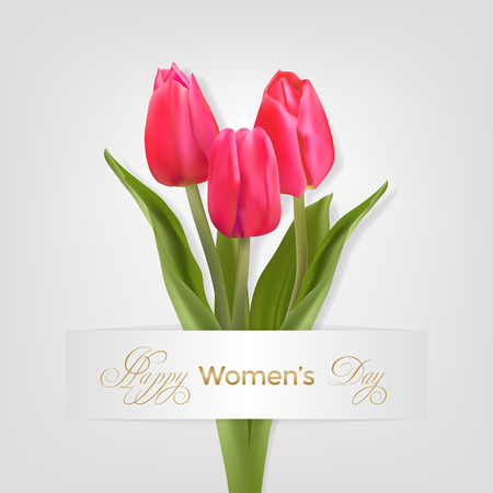 Three crimson tulips and bottom of the card golden text Happy Women day on a light background. Vector illustration with Photo realistic delicate flower.のイラスト素材