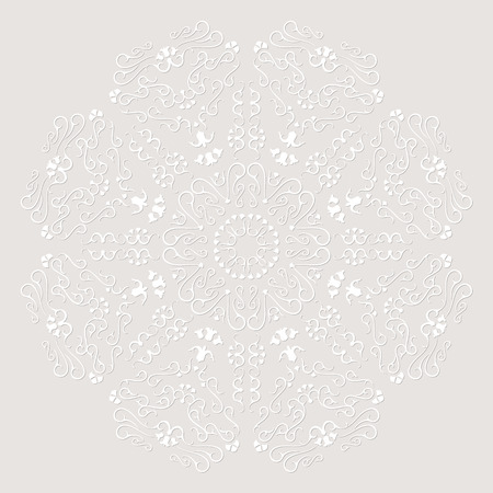 Flourish round ornament. White pattern on a beige background. Vector greeting card.のイラスト素材