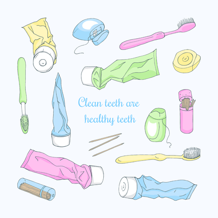 Set of colorful hand-drawn tooth past, tooth brush, sticks and floss. Vector illustration. Accessories for dental hygiene on a light background for your design.のイラスト素材