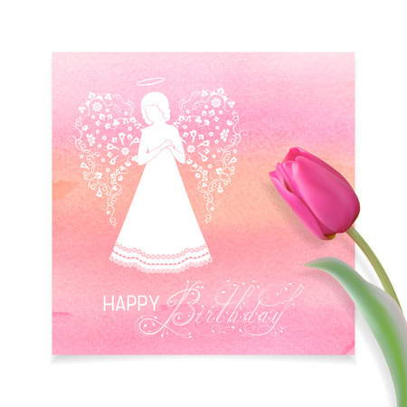 White Angel silhouette with ornamental white wings, nimbus and tulips. Happy Birthday calligraphy text on a Watercolor pink background.のイラスト素材