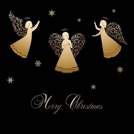 Angels with simple wings on a black background. Golden isolated angel silhouettes and snowflakes. Merry Christmas text. Beautiful applique. Abstract design. Isolated vector objects.のイラスト素材