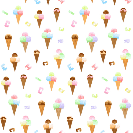 Ice, letters dripping ice cream on a light background. Pink, green, blue, violet ice-cream balls. Seamless pattern with the letters and vanilla ice cream in a waffle cone.のイラスト素材