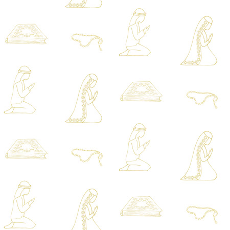 Seamless golden pattern on a white background. Hand painted print on a muslim religion theme. Praying, man.のイラスト素材