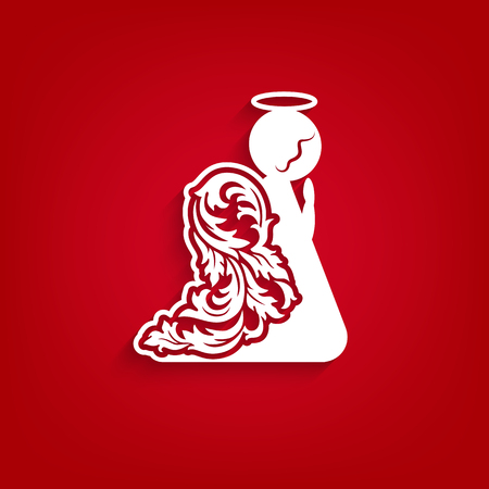 Sitting and praying White Christmas angel on a red background. Greeting Card for wood carving, paper cutting and Easter decorations. Beautiful applique. Abstract Isolated vector objects.のイラスト素材