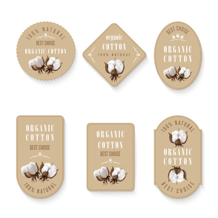 Set of different shapes of tags with photo realistic cotton on a beige background and inscription hundred percent natural organic cotton and best choice. Perfect for business labels, price textile.のイラスト素材