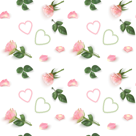 Seamless pattern with pink photo realistic roses, petals, hearts, leaves on a light background. Elegant luxury vector background for design to the Valentines Day, wedding, mothers day, women's day.のイラスト素材