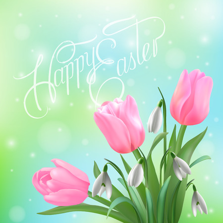 Pink tulips and photorealistic snowdrops on a light gradient background. White decorative text Happy Easter. Spring Bouquet and hand lettering congratulationsのイラスト素材