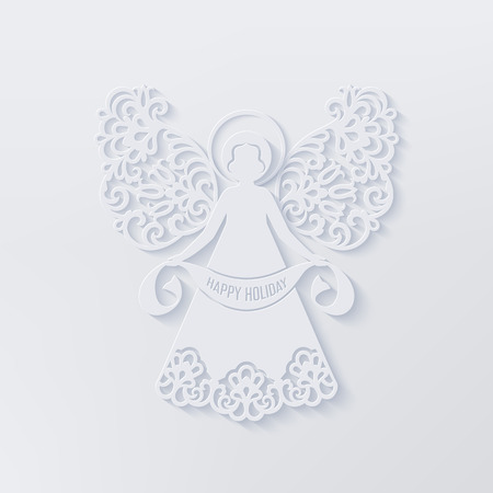 White ornamental beautiful angel with scroll and Happy Holiday text on a light background. Outline decor with shadow. Greeting card, advertising, discount, poster for holidays, carving, paper cutting.のイラスト素材