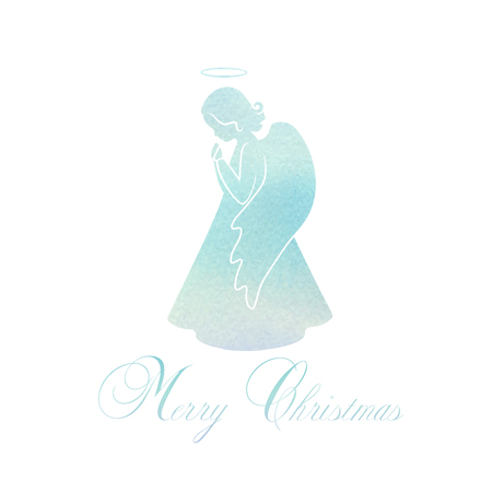 Angel silhouette and nimbus. Beautiful Flying angel and Merry Christmas calligraphy font text on a Watercolor blue background.のイラスト素材