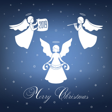 White Christmas angels with wings and nimbusのイラスト素材