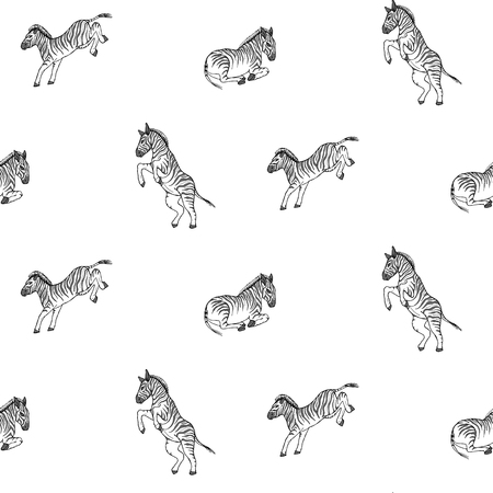 Seamless pattern of black and white zebras on a white background. hand drawn animals in different poses. Vector Design element.のイラスト素材