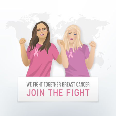 Breast Cancer Awareness month vector illustration with women friends. Girls with pink ribbons on a world map background and white banner with text We fight together breast cancer, Join The Fight.のイラスト素材