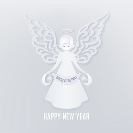 Merry Christmas paper cut card with angelのイラスト素材