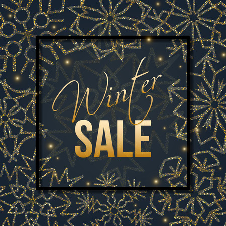 Christmas and New Year sale banner with black Square Frame, calligraphic text Winter and abstract golden snowflakes on a black background. Vector illustrations for holidays marketing material.のイラスト素材