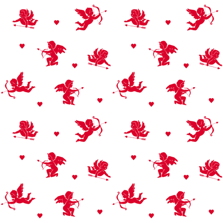 Seamless red silhouettes isolated cupids and hearts on a white background. Vector background for...