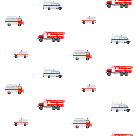 Seamless pattern with emergency cars - white and red cars. Fire, ambulance, police cars on a white background.のイラスト素材