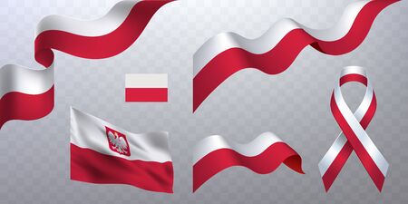 Set of photorealistic flying ribbons, flags in the colors of the national flag of Poland on a transparent background.のイラスト素材