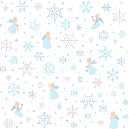 Merry Christmas seamless pattern Little angels and Christmas plant holly Dense branches isolated on a white background with snowflakes. Holiday vector stock pattern.のイラスト素材