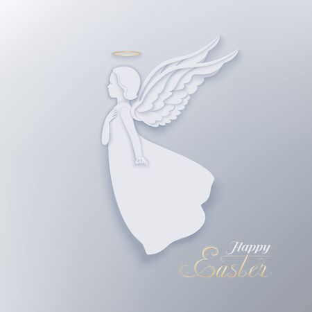 Happy Easter card with angel, golden nimbus and wings with shadow.  Decorative inscription of congratulation text. A beautiful angel in paper cur style  on a light background.のイラスト素材