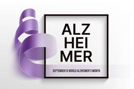 Alzheimer's world day horizontal vector poster with photorealistic purple ribbon, black frame and typography text Alzheimer on a light background. September is Alzheimer disease awareness month.のイラスト素材