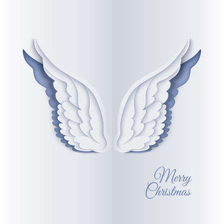 Merry Christmas paper cut card with white angel wingsのイラスト素材