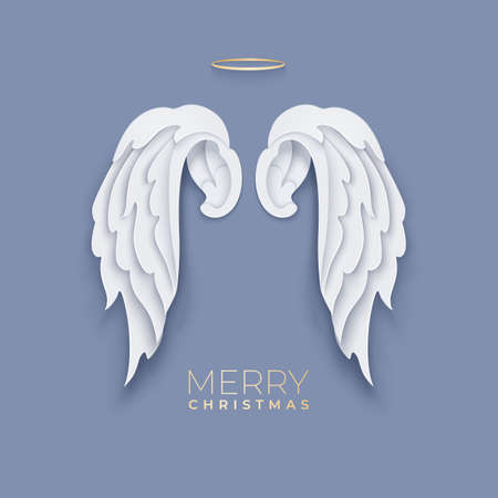 Merry Christmas paper cut card with white angel wingsのイラスト素材