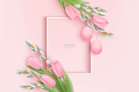 Happy Easter realistic background with frame, willow, pink tulipsのイラスト素材