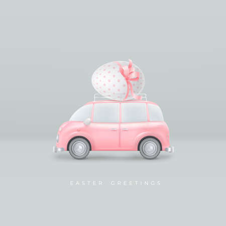 Happy Easter realistic background with easter egg with pink bow on roof of toy car. Vector illustrationのイラスト素材