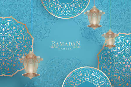 Ramadan kareem happy holiday background with islamic ornamental arabesques and glowing patterned lanterns on a light cyan backdrop. Vector greeting cardのイラスト素材