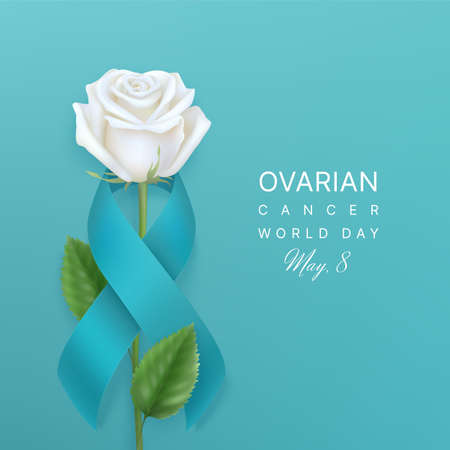 Ovarian Cancer world day May 8 background with white rose inside teal ribbon on a teal backdrop. Vector illustrationのイラスト素材