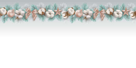 Christmas garland of fir branches, stars, bows, cotton balls. Seamless pattern. Vector stock festive backgroundのイラスト素材