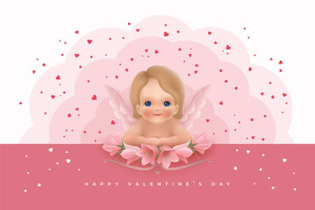 Valentines day background with cupid and flowersのイラスト素材