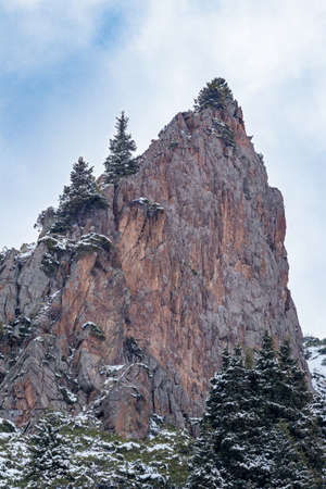 Large rock with a tree at the top. Against the background of a blue sky with cloudsの写真素材