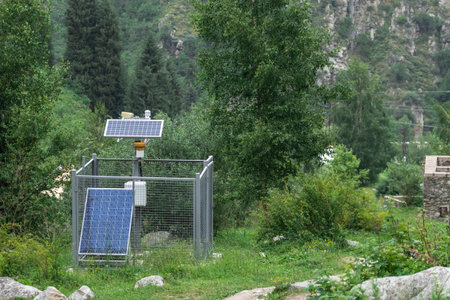 Mini substation with solar panels. mountain sceneryの写真素材