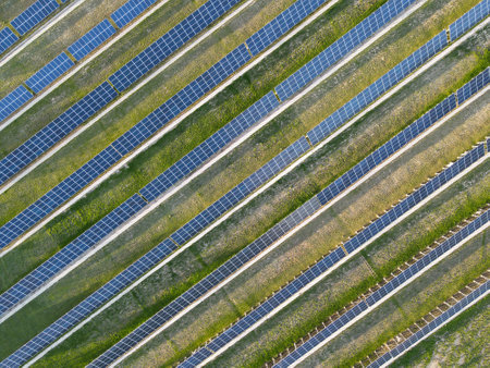Rows of solar panels at the station. view from the droneの写真素材