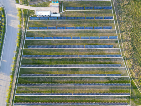 Station with solar panels. view from the droneの写真素材